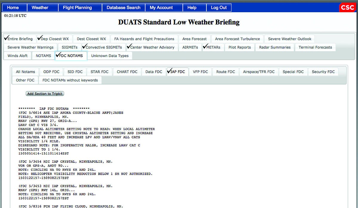 Aviation Weather Center DUATS briefing checklist
